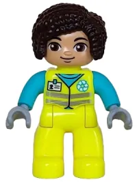 LEGO Duplo Figure Lego Ville, Female Garbage Worker, Neon Yellow Uniform, Medium Azure Shirt, White Name Badge and Recycle Logo, Dark Brown Hair (6446215) minifigure