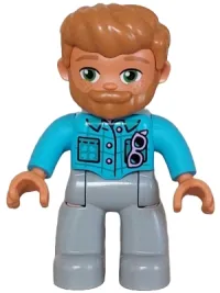 LEGO Duplo Figure Lego Ville, Male, Light Bluish Gray Legs, Medium Azure Jacket with Bright Pink Buttons and Glasses, Medium Nougat Hair and Beard (6465885) minifigure