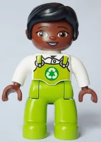 LEGO Duplo Figure Lego Ville, Female, Lime Legs with Overalls and Recycling Logo, Black Hair (6464666) minifigure