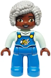 LEGO Duplo Figure Lego Ville, Female, Blue Legs with Overalls, Bee and Daisy, Light Bluish Gray Hair (6469007) minifigure