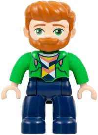 LEGO Duplo Figure Lego Ville, Male, Dark Blue Legs, Bright Green Hoodie over Coral, White and Yellow Shirt, Dark Orange Hair and Beard (6534760 / 6566997) minifigure