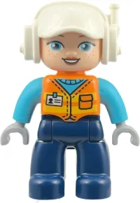 LEGO Duplo Figure Lego Ville, Female, Construction Worker, Dark Blue Legs, Orange Vest with Name Tag, Medium Azure Shirt, Light Bluish Gray Hands, White Helmet (6585429) minifigure