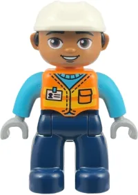 LEGO Duplo Figure Lego Ville, Male, Construction Worker, Dark Blue Legs, Orange Vest with Name Tag, Medium Azure Shirt, Light Bluish Gray Hands, White Helmet (6585846) minifigure