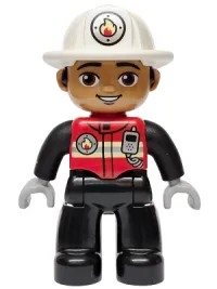 LEGO Duplo Figure Lego Ville, Male Firefighter, Black Legs, Red Vest with Silver Fire Badge and Radio, Medium Nougat Face, White Helmet with Fire Badge (6589646) minifigure