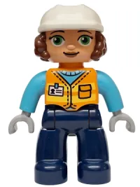 LEGO Duplo Figure Lego Ville, Female, Dark Blue Legs, Orange Vest with Name Tag Pattern, Medium Azure Shirt, Light Bluish Gray Hands, White Construction Helmet (6589830) minifigure
