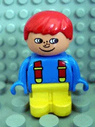 LEGO Duplo Figure, Child Type 1 Boy, Yellow Legs, Blue Top with Red Suspenders, Red Hair, Freckles minifigure