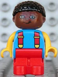 LEGO Duplo Figure, Child Type 1 Boy, Red Legs, Blue Torso with 2 Straps, Yellow Arms, Brown Head with Black Curly Hair minifigure