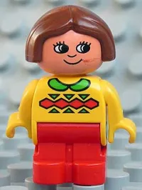 LEGO Duplo Figure, Child Type 1 Girl, Red Legs, Yellow Top with Green Collar, Brown Hair minifigure