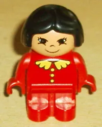 LEGO Duplo Figure, Child Type 1 Girl, Red Legs, Red Top with Lace Collar & Buttons, Black Hair, Asian Eyes minifigure