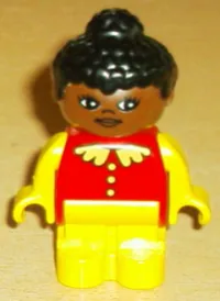 LEGO Duplo Figure, Child Type 1 Girl, Yellow Legs, Red Top with Lace Collar & Buttons, Yellow Arms, Black Hair, Brown Head minifigure