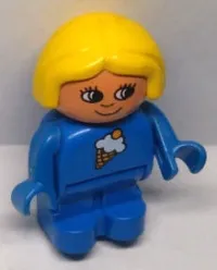 LEGO Duplo Figure, Child Type 1 Girl, Blue Legs, Blue Top with Ice Cream Pattern, Yellow Hair minifigure