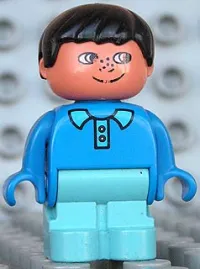 LEGO Duplo Figure, Child Type 1 Boy, Light Blue Legs, Blue Top With Collar And 2 Buttons, Black Hair minifigure