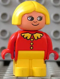 LEGO Duplo Figure, Child Type 1 Girl, Yellow Legs, Red Top with Collar And 3 Buttons, Yellow Hair, White in Eyes Pattern minifigure