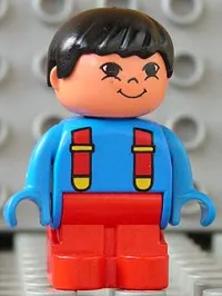 LEGO Duplo Figure, Child Type 1 Boy, Red Legs, Blue Top with Red Suspenders, Black Hair minifigure