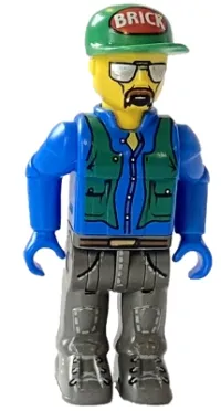 LEGO Construction Worker with Blue Shirt, Green Vest and Cap with the Word 'Brick', Sunglasses and Moustache minifigure