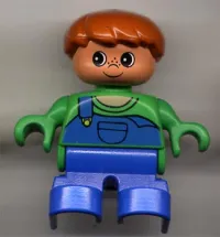 LEGO Duplo Figure, Child Type 2 Boy, Blue Legs, Green Top with Blue Overalls with one Strap minifigure