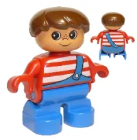 LEGO Duplo Figure, Child Type 2 Boy, Blue Legs, Red Top with White Stripes and Blue Overalls with One Strap minifigure