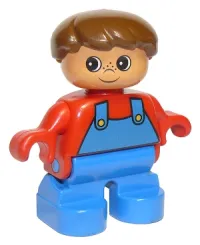 LEGO Duplo Figure, Child Type 2 Boy, Blue Legs, Red Top with Blue Overalls, Brown Hair minifigure