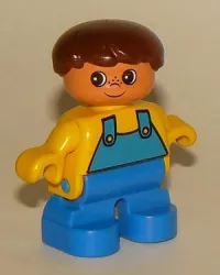 LEGO Duplo Figure, Child Type 2 Boy, Blue Legs, Yellow Top with Blue Overalls, Brown Hair minifigure