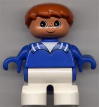 LEGO Duplo Figure, Child Type 2 Boy, White Legs, Blue Top with White Stripes on Collar, Brown Hair minifigure