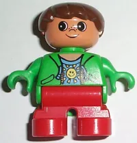 LEGO Duplo Figure, Child Type 2 Boy, Red Legs, Green Top with Sun Pattern Shirt, Brown Hair minifigure