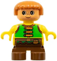 LEGO Duplo Figure, Child Type 2 Boy, Brown Legs, Green Vest with Brown Straps and Belt with Sash minifigure