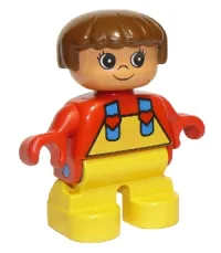 LEGO Duplo Figure, Child Type 2 Girl, Yellow Legs, Red Top with Yellow Overalls and Hearts on Straps minifigure