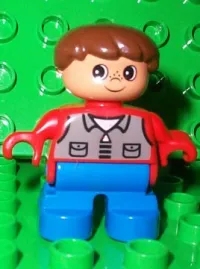 LEGO Duplo Figure, Child Type 2 Boy, Blue Legs, Red Top with Dark Gray Shirt, Brown Hair minifigure