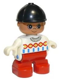 LEGO Duplo Figure, Child Type 2 Girl, Red Legs, White Top with Red, Yellow and Blue Designs, Black Riding Hat minifigure