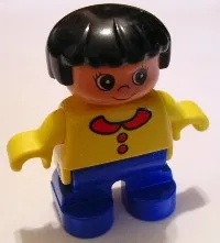 LEGO Duplo Figure, Child Type 2 Girl, Blue Legs, Yellow Top with Collar and 2 Buttons, Black Hair minifigure