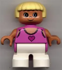 LEGO Duplo Figure, Child Type 2 Girl, White Legs, Dark Pink Lace Tank Top with Heart, Yellow Hair minifigure