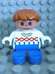 LEGO Duplo Figure, Child Type 2 Boy, Blue Legs, White Sweater with Chain Pattern, Dark Orange Hair minifigure
