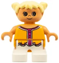 LEGO Duplo Figure, Child Type 2 Girl, White Legs, Orange and Dark Pink Top , Yellow Hair Pigtails minifigure