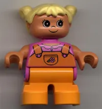 LEGO Duplo Figure, Child Type 2 Girl, Orange Legs, Dark Pink Top with Orange Overalls with Flower, Yellow Hair Pigtails minifigure