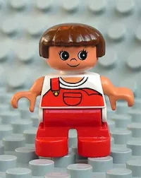 LEGO Duplo Figure, Child Type 2 Girl, Red Legs, White Top with Red Overalls with one Strap minifigure