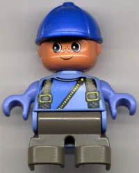 LEGO Duplo Figure, Child Type 2 Boy, Dark Gray Legs, Suspenders with Yellow Zipper, Blue Cap minifigure