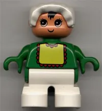 LEGO Duplo Figure, Child Type 2 Baby, White Legs, Green Top with Yellow Bib with Red Lace, White Bonnet minifigure