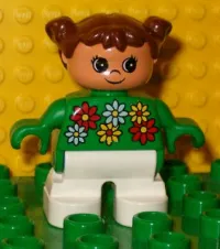 LEGO Duplo Figure, Child Type 2 Girl, White Legs, White, Red and Yellow Flowers, Brown Hair minifigure