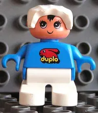 LEGO Duplo Figure, Child Type 2 Baby, White Legs, Blue Top with Duplo Bunny Logo, White Bonnet minifigure