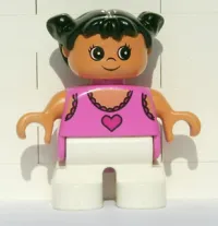 LEGO Duplo Figure, Child Type 2 Girl, White Legs, Dark Pink Lace Tank Top with Heart, Black Hair Pigtails minifigure