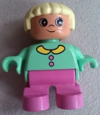 LEGO Duplo Figure, Child Type 2 Girl, Dark Pink Legs, Medium Green Top with Buttons and Collar, Light Yellow Hair minifigure