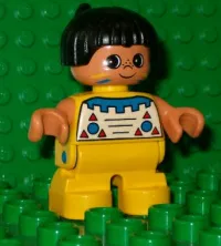 LEGO Duplo Figure, Child Type 2 Boy, Yellow Legs, Top with Geometric Pattern, Black Hair with Feather (American Indian) minifigure