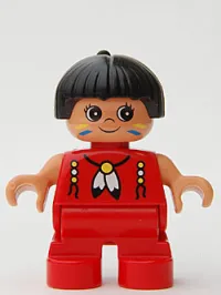 LEGO Duplo Figure, Child Type 2 Girl, Red Legs, Red Top with Feather Necklace, Black Hair with Feather (American Indian) minifigure