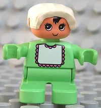 LEGO Duplo Figure, Child Type 2 Baby, Medium Green Legs, Medium Green Top with White Bib with Dark Pink Lace, White Bonnet minifigure