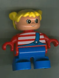 LEGO Duplo Figure, Child Type 2 Girl, Blue Legs, Red Top with White Stripes, Yellow Hair Pigtails minifigure