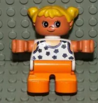 LEGO Duplo Figure, Child Type 2 Girl, Orange Legs, White Blouse with Blue Flowers, Yellow Hair Pigtails minifigure