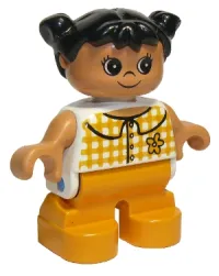 LEGO Duplo Figure, Child Type 2 Girl, Medium Orange Legs, Checkered Blouse, Black Hair Pigtails minifigure