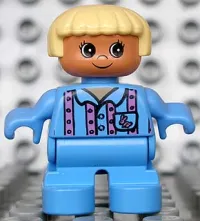 LEGO Duplo Figure, Child Type 2 Girl, Medium Blue Legs, Medium Blue Top with Pink Stripes and Bunny Logo, Light Yellow Hair minifigure