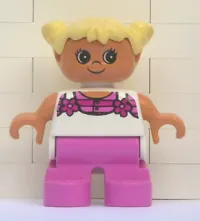 LEGO Duplo Figure, Child Type 2 Girl, Dark Pink Legs, White Top with Pink Stripes and Flowers, Light Yellow Hair minifigure