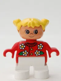 LEGO Duplo Figure, Child Type 2 Girl, White Legs, Red Top with Flowers Pattern, Collar And 2 Buttons, Yellow Hair Pigtails minifigure
